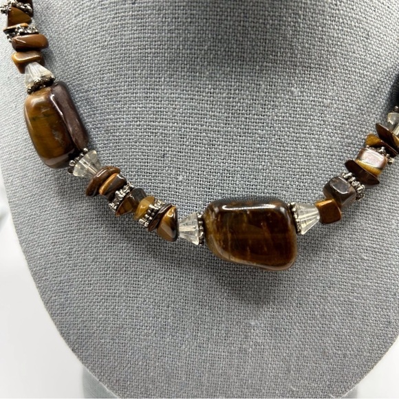 Genuine Tiger's Eye Genuine Stone Beaded Necklace with Silver Tone Spacers 17" - Picture 8 of 11